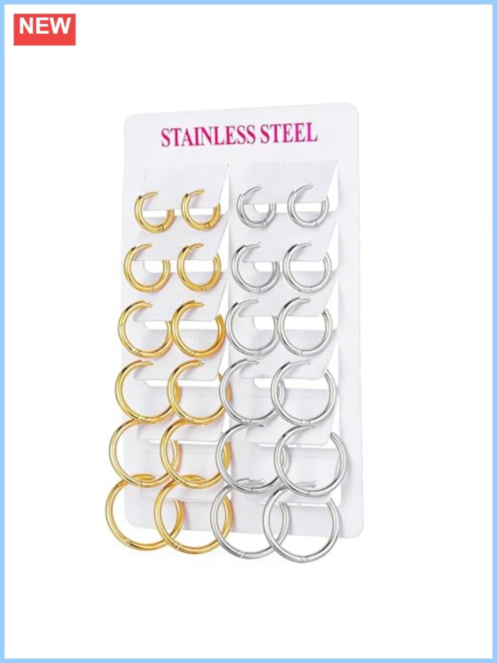 12 Pairs 14K Gold & Silver Plated Stainless Steel Huggie Hoop Earrings